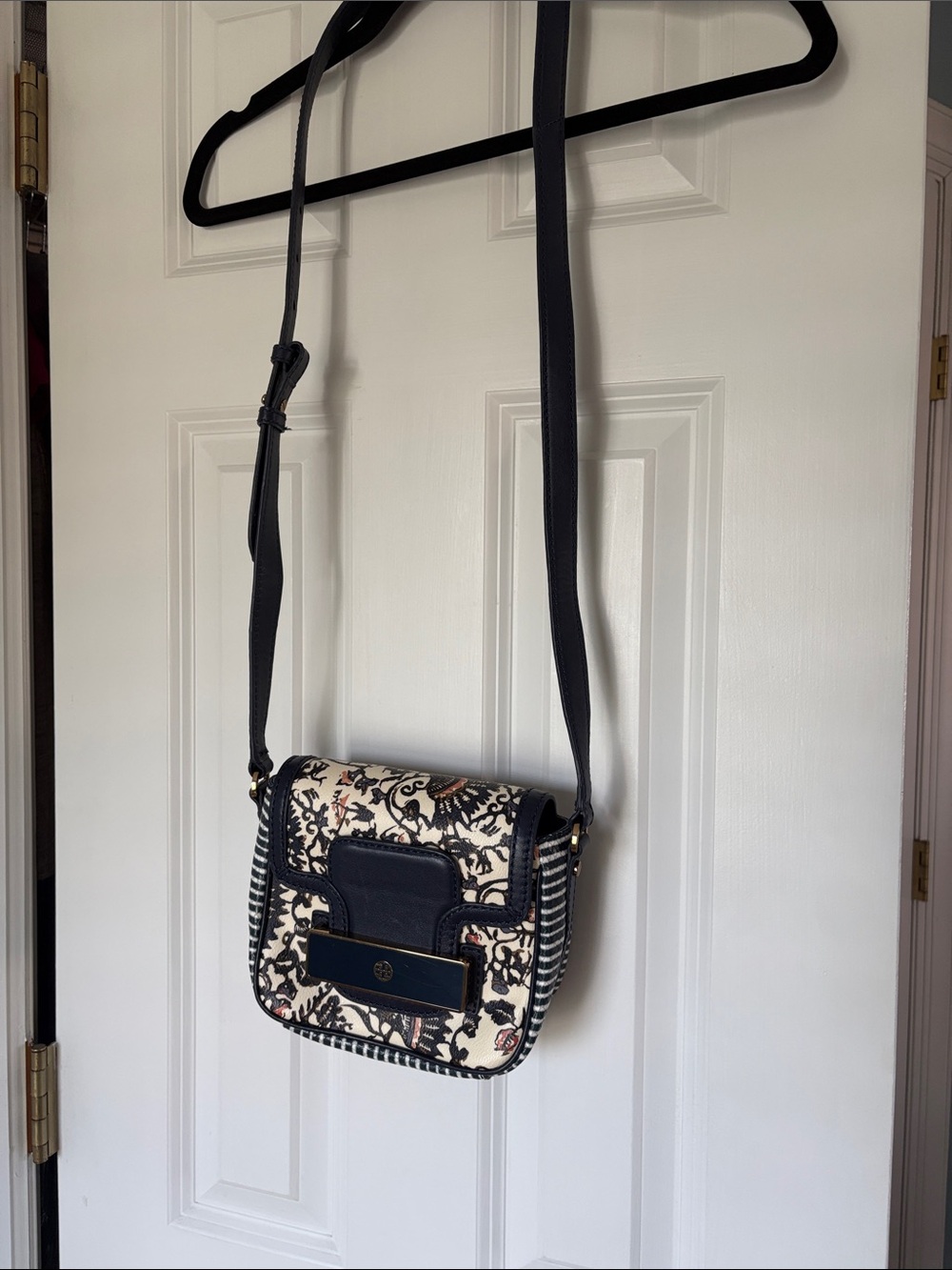 Tory Burch Navy and Cream Floral Crossbody with Striped Trim